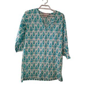 Gretchen Scott tunic top womens XS cotton 3/4 sleeve white turquoise